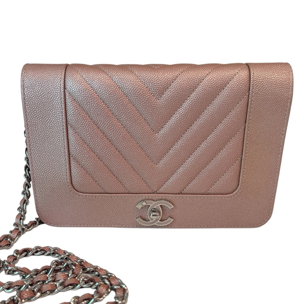 Chanel Metallic Pink Caviar Chevron Quilted Mademoiselle Wallet On Chain